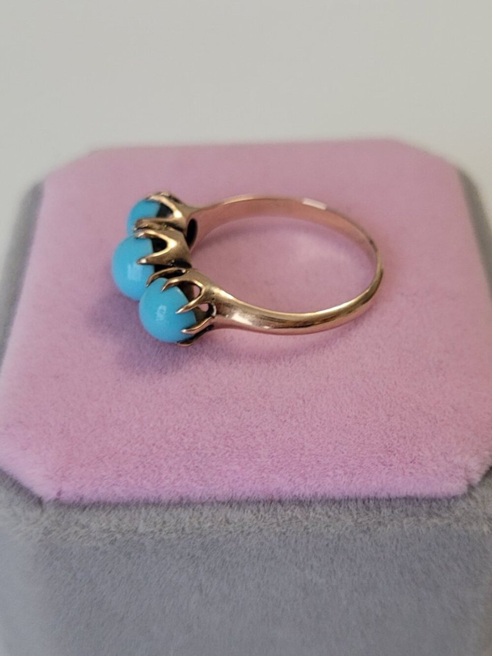 Turquoise Antique Gold Ring Victorian 3 Blue Stones 10k December Birthstone - Picture 9 of 16